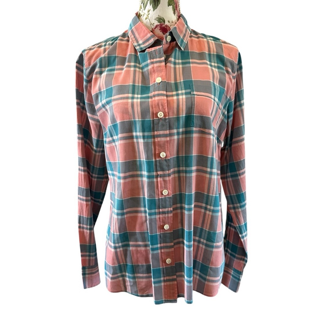 JCrew long sleeve button down plaid large shirt salmon & teal colored